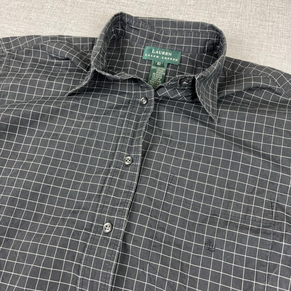 Lauren Ralph Lauren Shirt Womens 10 Gray Check Collared Long Sleeve Button-Up